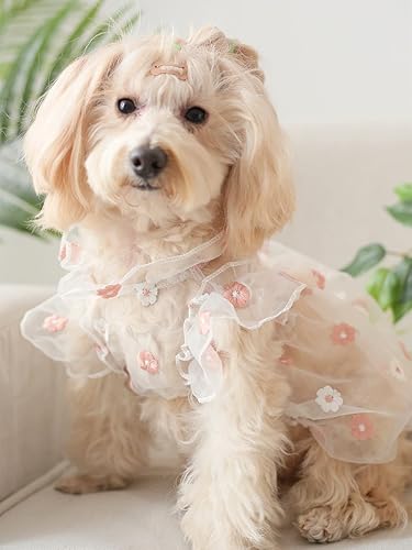 Miniatura 2 de QWINEE Vestido bordado floral para perro y gato, vestido de princesa con volantes para mascotas, falda tutú para cachorro, lindo vestido de yorkie