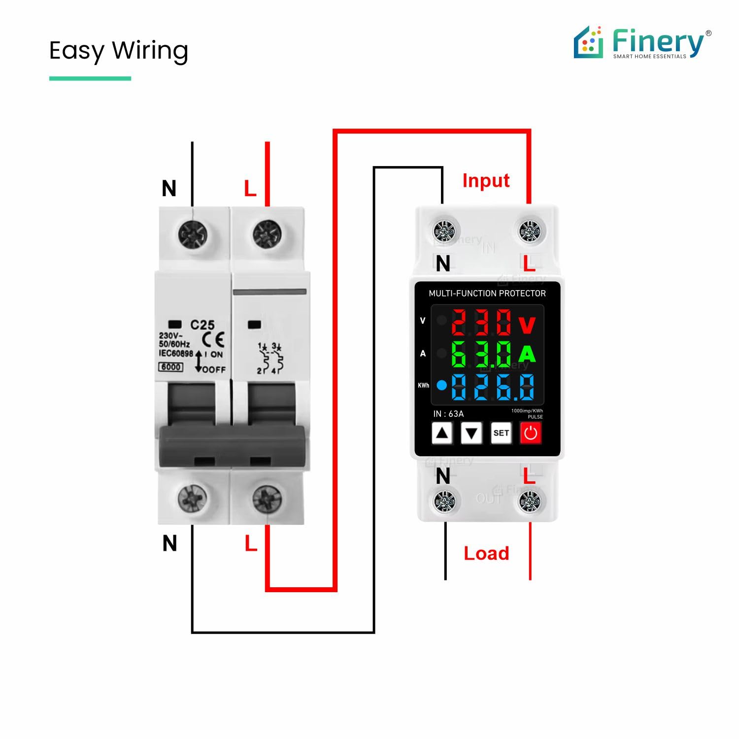 Finery Non-WiFi 63A Over Voltage Under Voltage Protection and Over Load Protection Corded Electric Digital Energy Meter with Delayed Start Din-Rail Mounted Single Phase 220V (13.8kW), White - Image 5 thumbnail