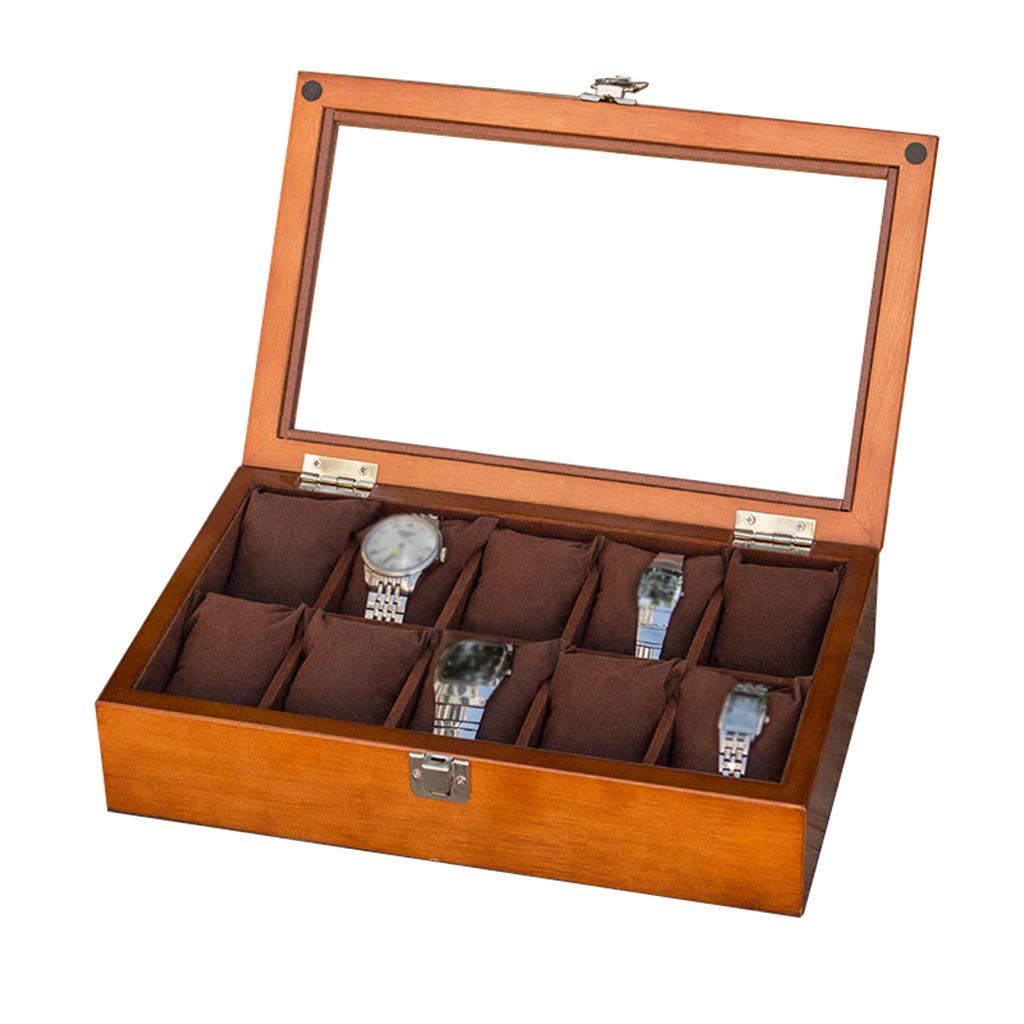 MUSUMI Caja de reloj de Madera Vitrina de almacenamiento de joyas Bandeja de pulsera con 10 almohadas de almacenamiento extraíbles, organizador de gemelos con cierre de Metal y vidrio Superior