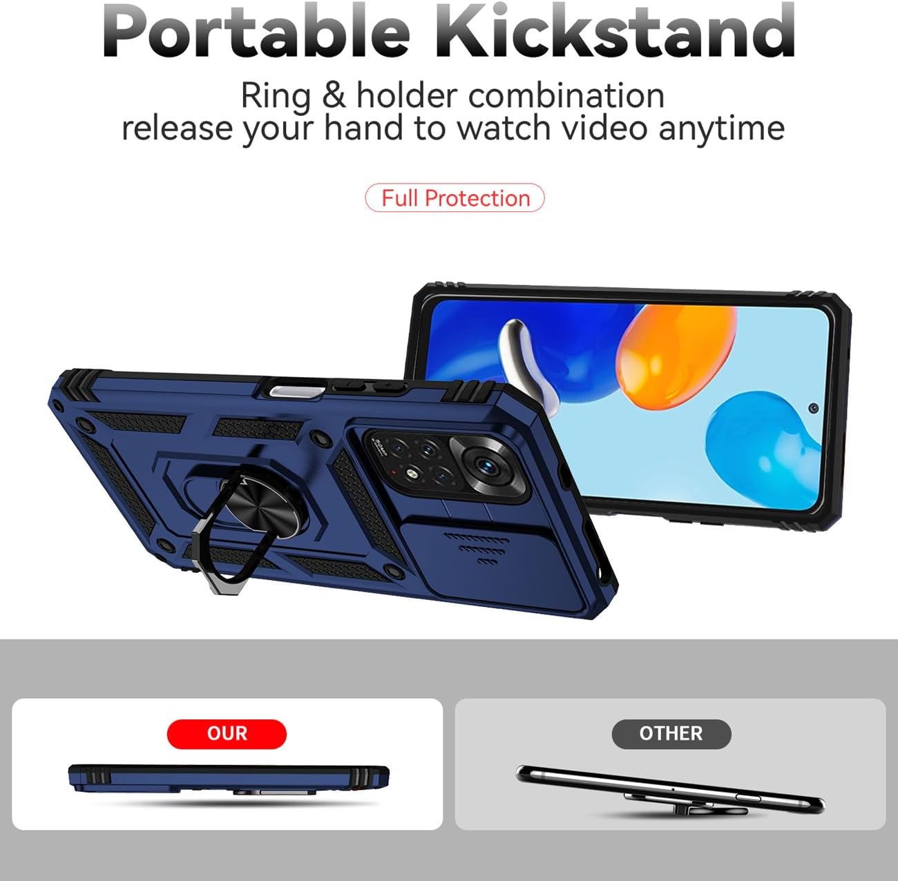 Case for Redmi Note 11 4G 2022 Case, Redmi Note 11S Case with Slide Camera Cover, Built-in 360° Rotate Ring Kickstand Magnetic Shockproof Phone Cover for Xiaomi Redmi Note 11 4G Blue - Image 4