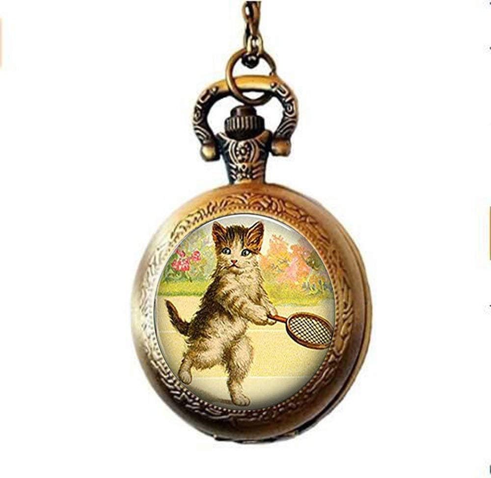Tennis Kitten Pocket Watch Necklace Cat Jewelry, Cat Cabochon Glass Pocket Watch Necklace, Tennis Player's Gift,Tennis Pocket Watch Necklace