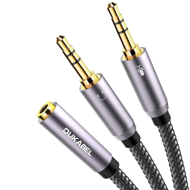 DUKABEL Gold-Plated Strong Braided Y Splitter Audio Cable - Separate Microphone Headphone Port Gaming Headset Earphone Adapter -
