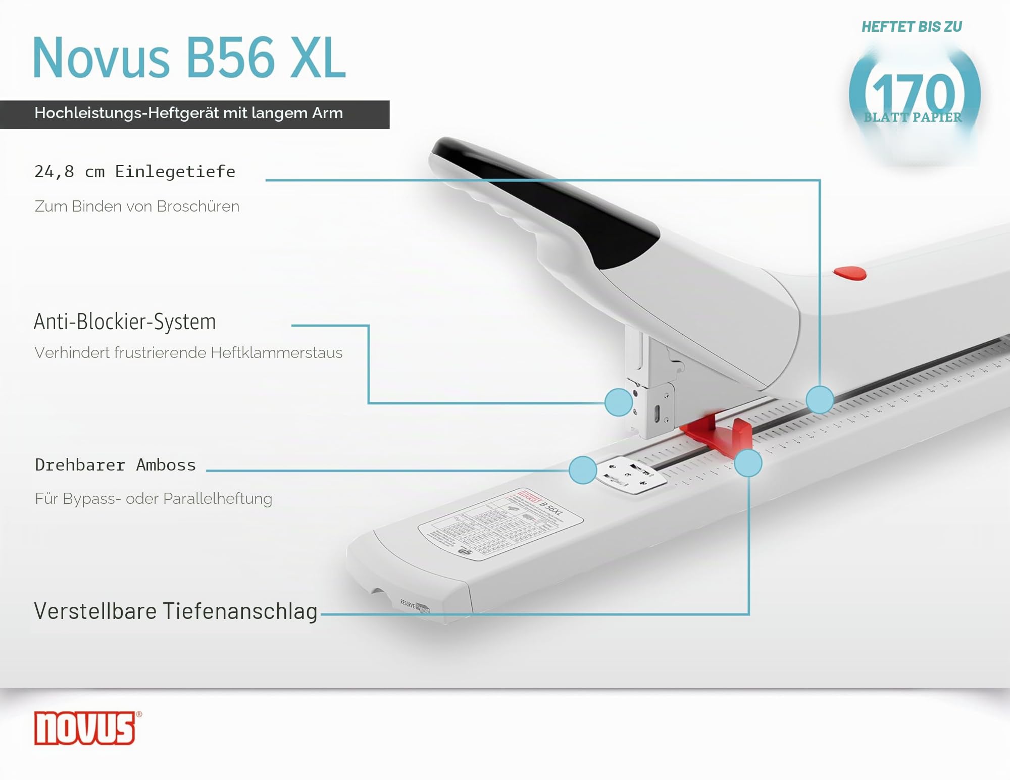Novus B 56XL Blockheftgerät (Heftleistung bis 170 Blatt, Hefter mit variabler Einlegetiefe bis 250 mm) lichtgrau/schwarz