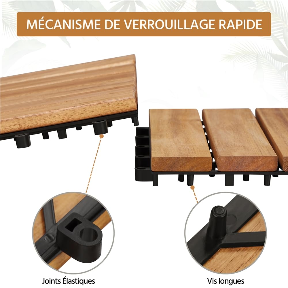 Yaheetech Caillebotis Bois Exterieur 27 PCS, Dalles de Terrasse en Bois d'acacia 30 x 30 cm, Revêtement de Sol Extérieur Intérieur pour Terrasse et Balcon