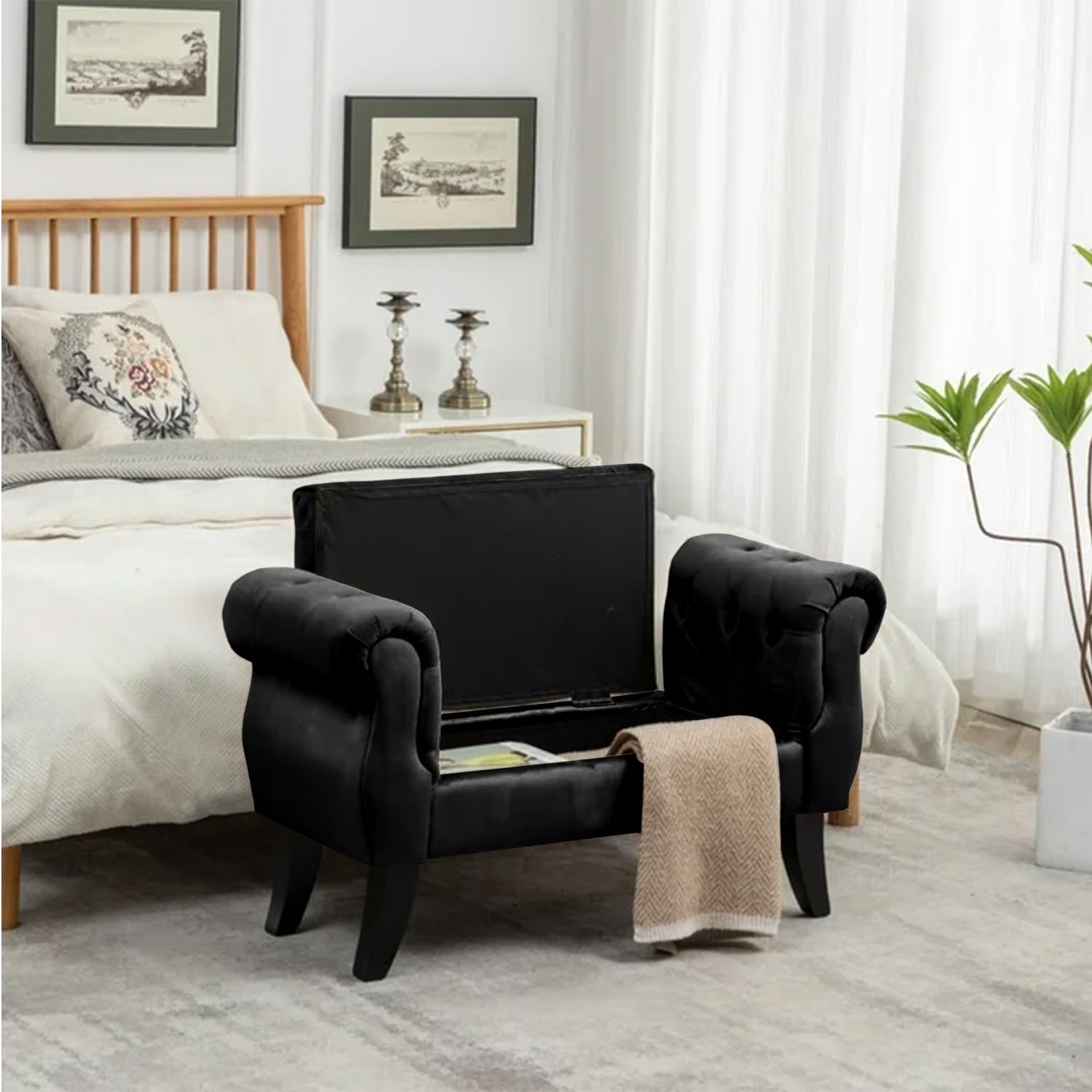 IlGruppone Divanetto in Velluto Panca Contenitore Pouf PortaOggetti Panca Sgabello A Pie di Letto Cassapanca Ingresso Legno Massello Panchina - Nero