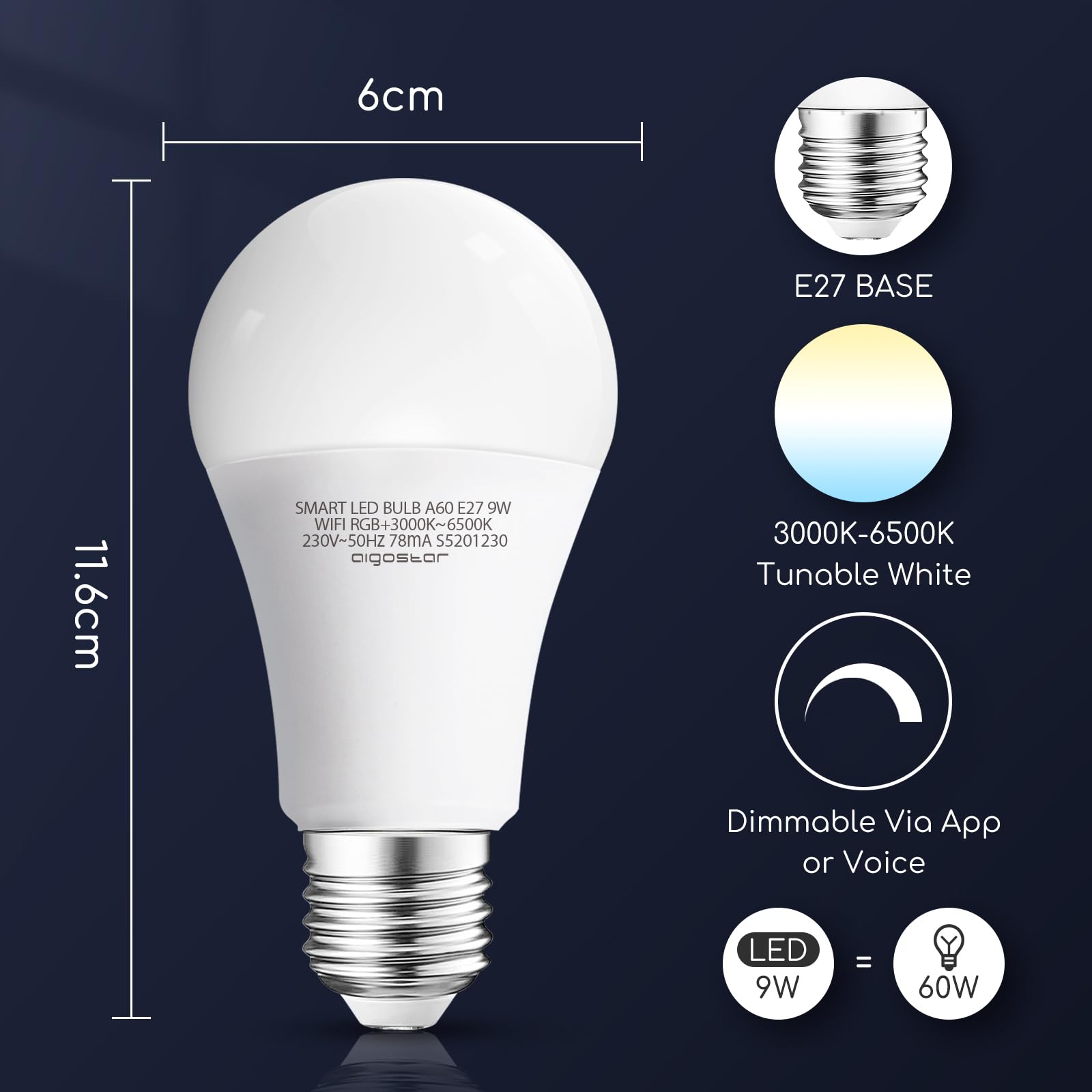Aigostar - Lampadina Led smart A60 E27 attacco grande 9W， Funziona con Alexa e Google Home. Dimmerabile bianca 3000k - 6500k o RGB multicolore. Confezione da 6 Unità.