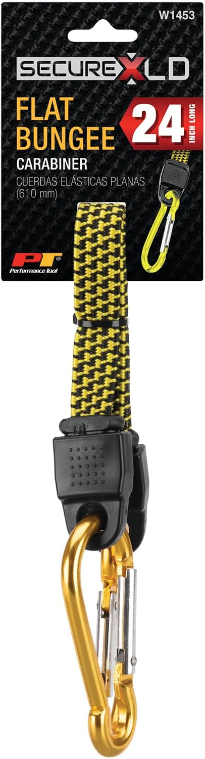 Performance Tool W1453 24-Inch Flat Bungee Cord with Carabiner Hook, Anodized Aluminum, Corrosion Resistant, Easy to Install, Load Limit 60lbs