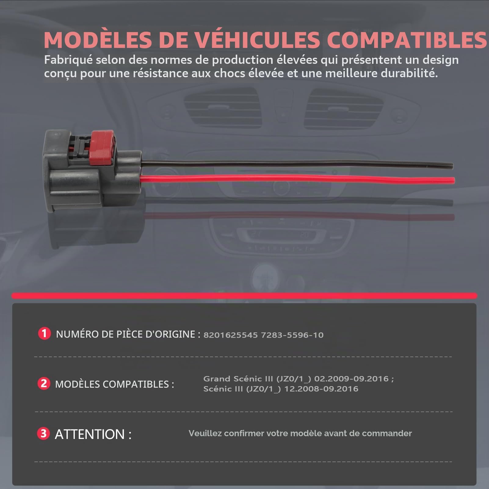 2X Câble de Frein à Main électrique pour Frein de stationnement Adaptateur de Faisceau de câbles pour connecteur Frein à Main Grand Scenic 3 2009-2016