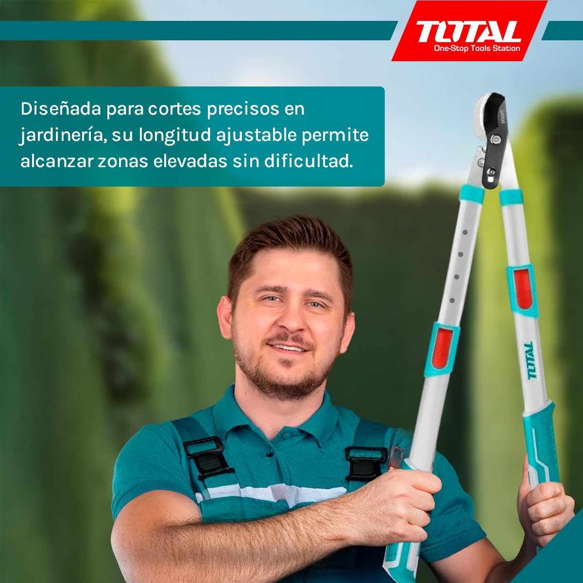 TOTAL - Tijera de Podar Telescópica Curva - 40 x 32,5 x 12 cm - Azul - Longitud de 670-880 mm - Tijera de Podar con Cabeza Curva para Mayor Capacidad de Corte