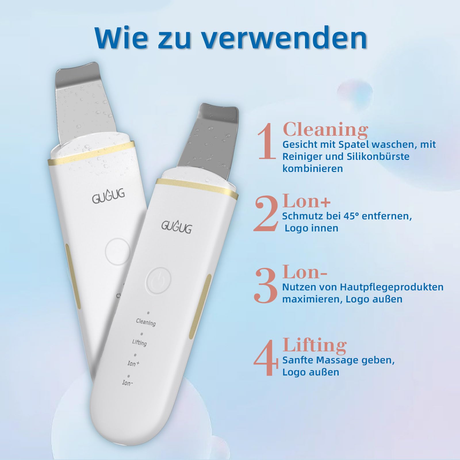 GUGUG Skin Scrubber Ultraschall Ultraschallgerät für das Gesicht- Mitesser-Entferner mit 4 Modi, Porenreiniger, Gesichtswaschspatel, Hautreiniger für die Gesichtsreinigung Gerät