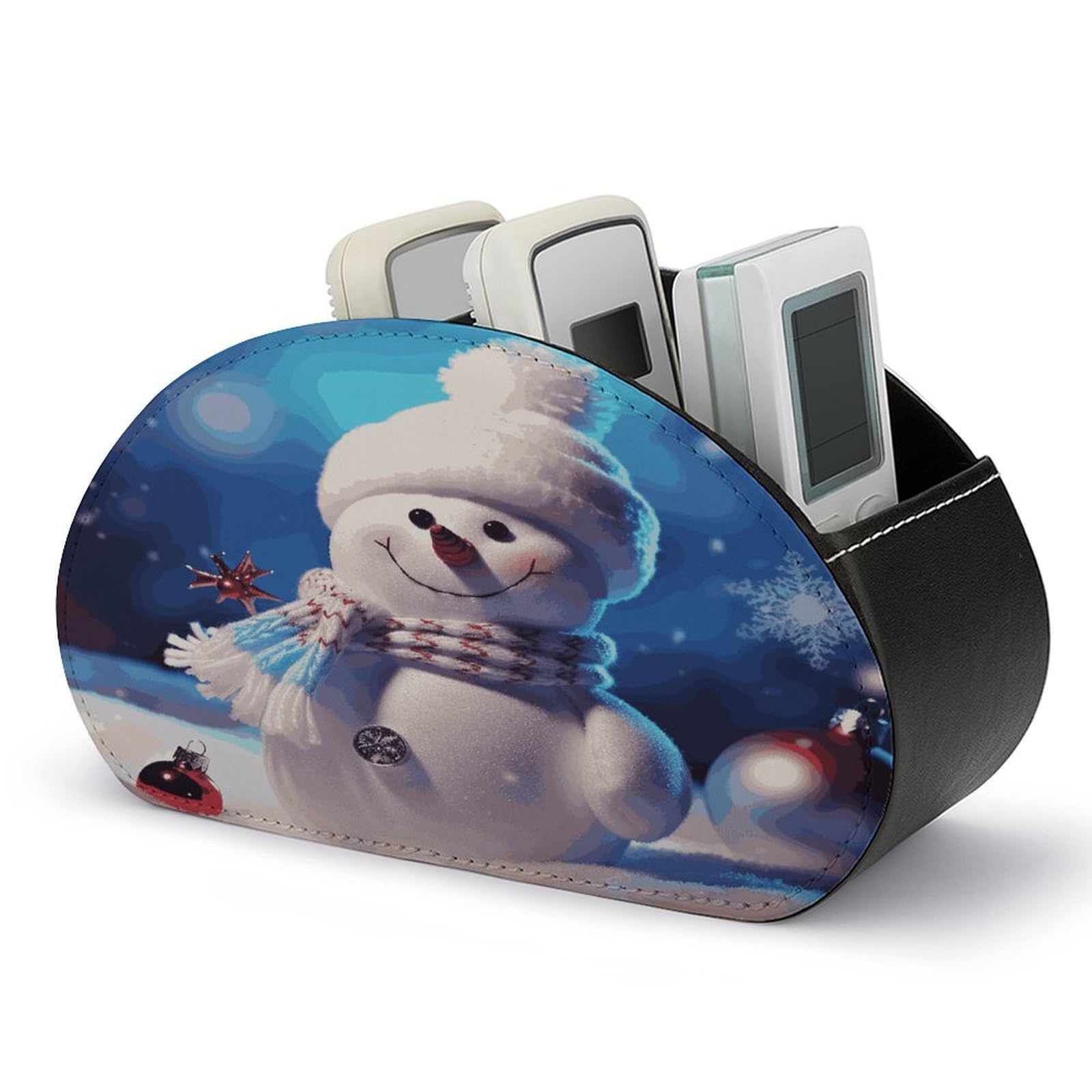 LDGSUPH Merry Christmas Snowman Remote Control Holder with 5 Compartments PU Leather TV Remote Caddy Storage Box Multi-functional Desk Storage Organizer Box Anti-slip Desktop Caddy