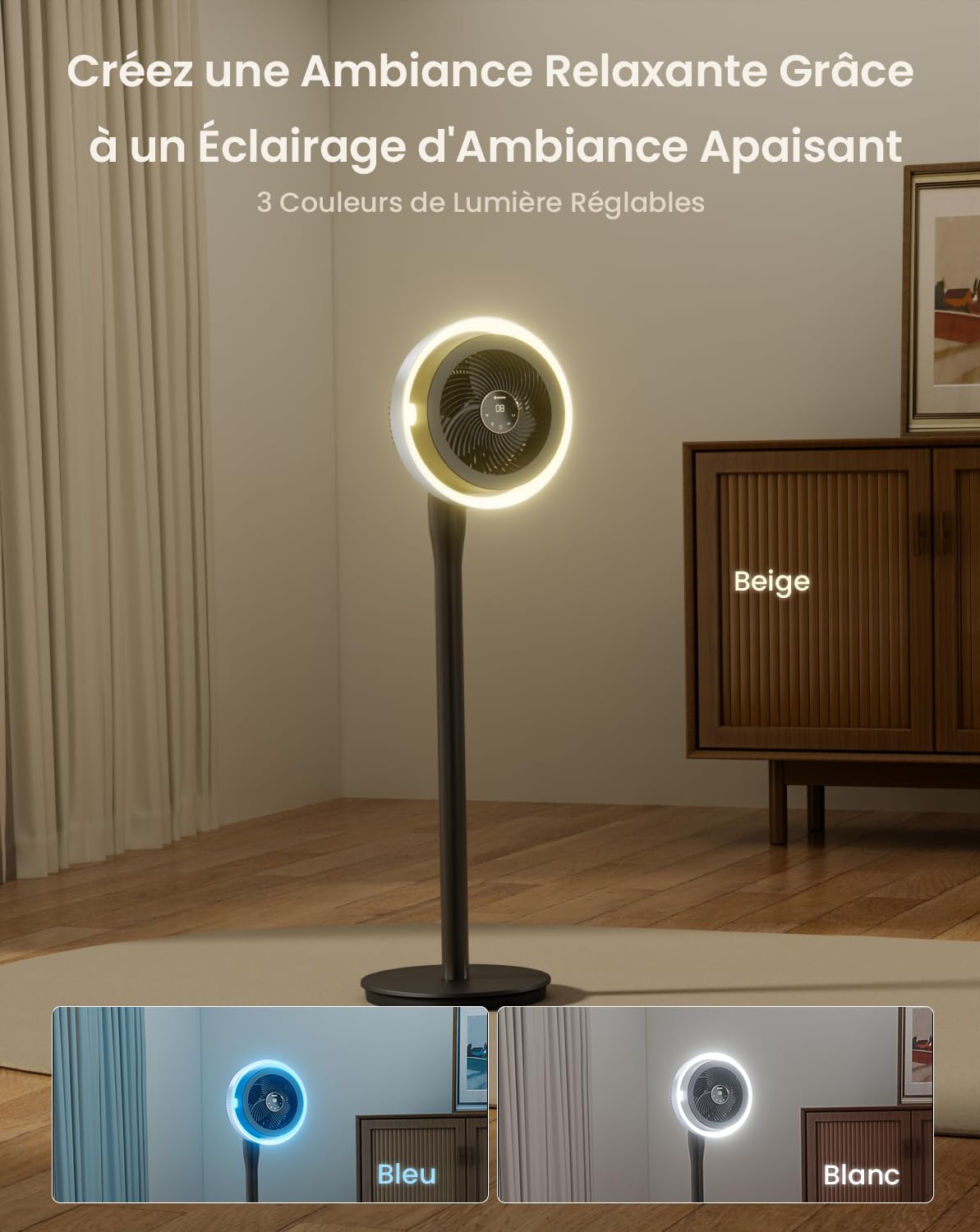 Airmate Ventilateur avec Lumière, 25dB Ventilateur Silencieux, Ventilateurs sur Pied à 16 Vitesses Réglables, Vent Fort, Oscillant 90°+120°, Trois Hauteur Réglables, Fan avec Telecommande