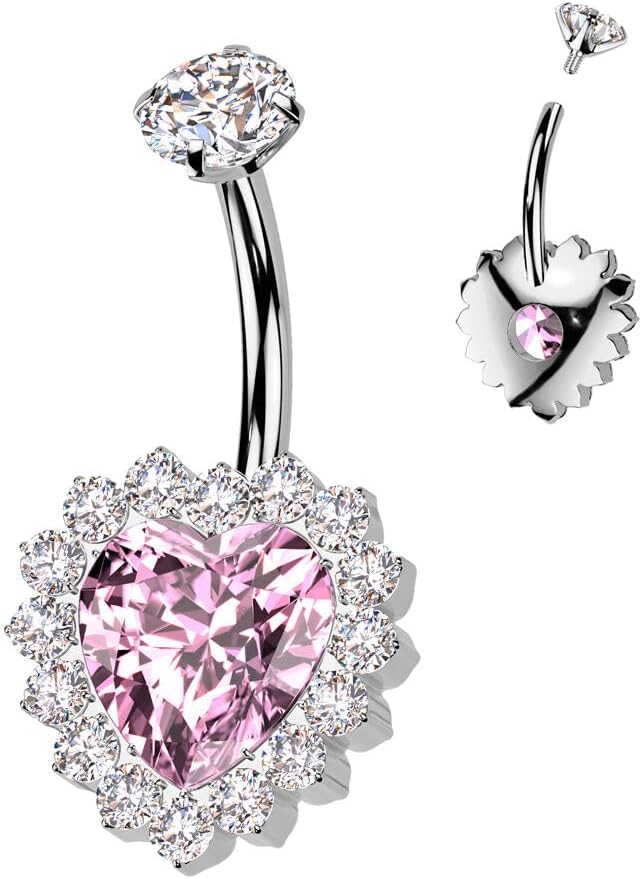Implant Grade Titanium Internally Threaded CZ Heart Belly Button Ring With CNC CZ Pave Edge