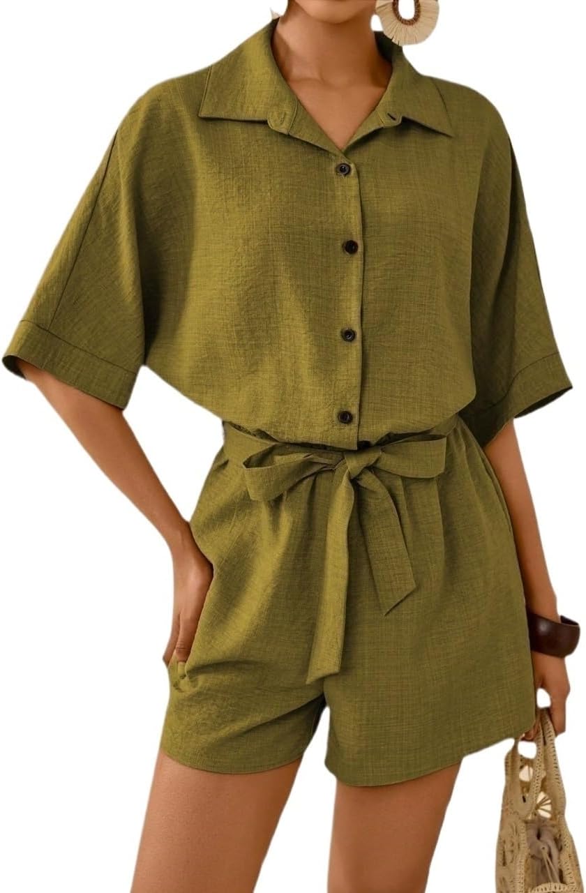 Rompers for Women Summer Single-Breasted Short Sleeve High Waist Belted Loose Jumpsuit