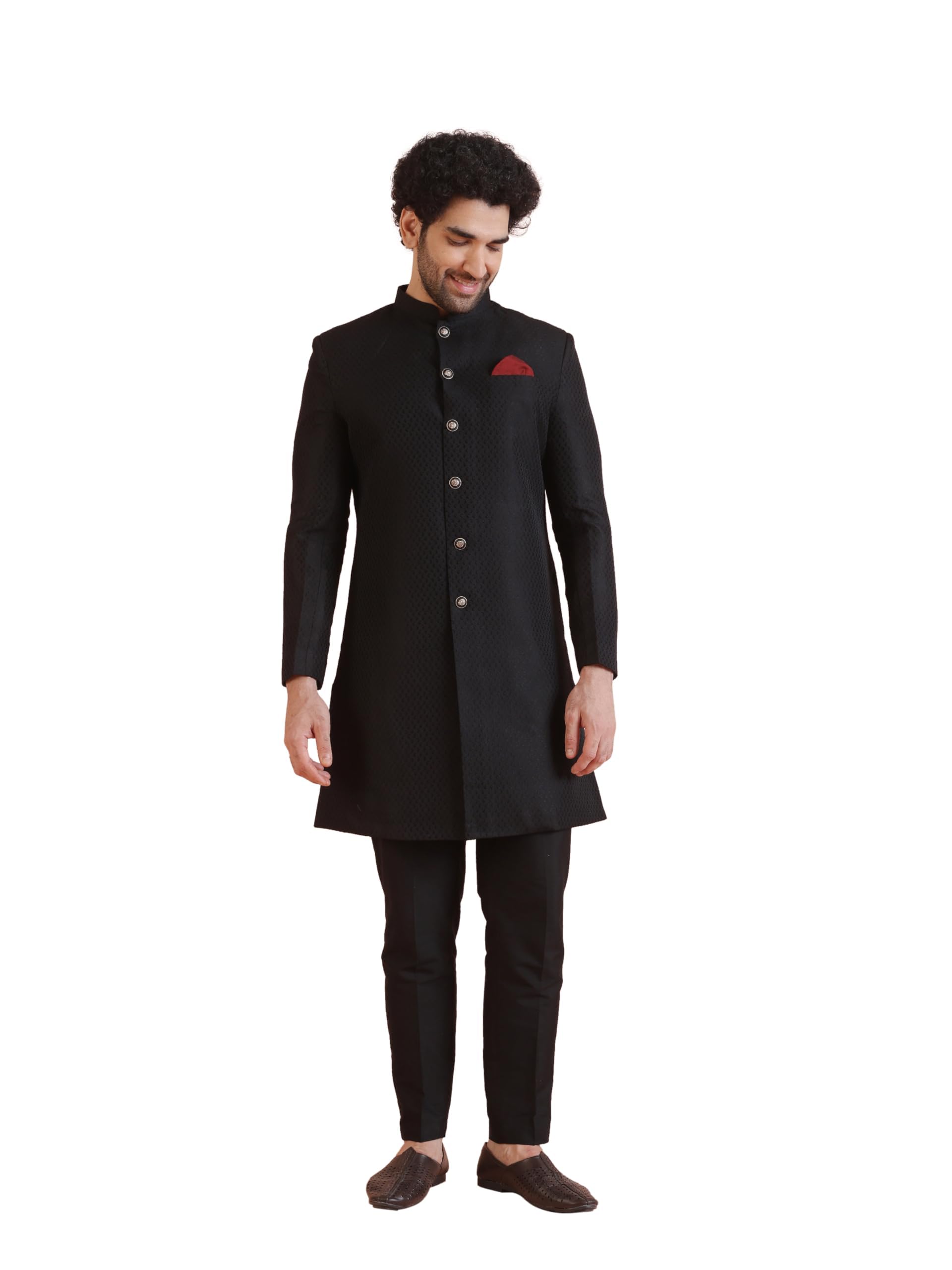Kisah Men's Indo-Western Sherwani Trouser Set, Black Jacquard, Woven Design Regular Fit Mandarin Collar Long Sleeves (40)