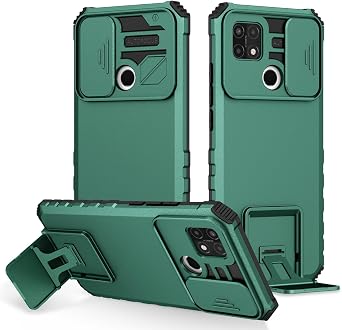 Case for Oppo A15 Case, Oppo A15S CPH2185 CPH2179 Case with Slide Camera Lens Kickstand Military-Grade Bumpers Armor Shockproof Protective Cover for Oppo A15 Dark Green