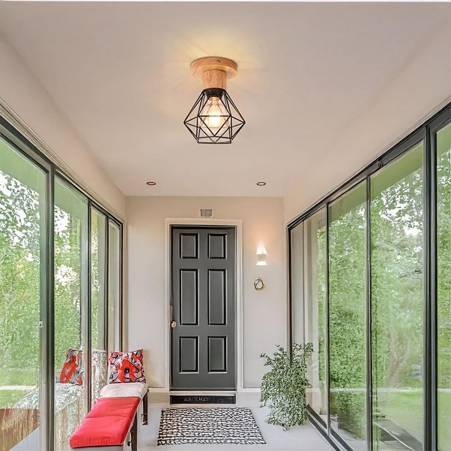 American Style Modern Ceiling Light, E27 Industrial Farmhouse Ceiling Lamp, Wood Base Black Metal Geometric Cage Flush Mount Light Fixture, for Hallway Entryway Bedroom Kitchen