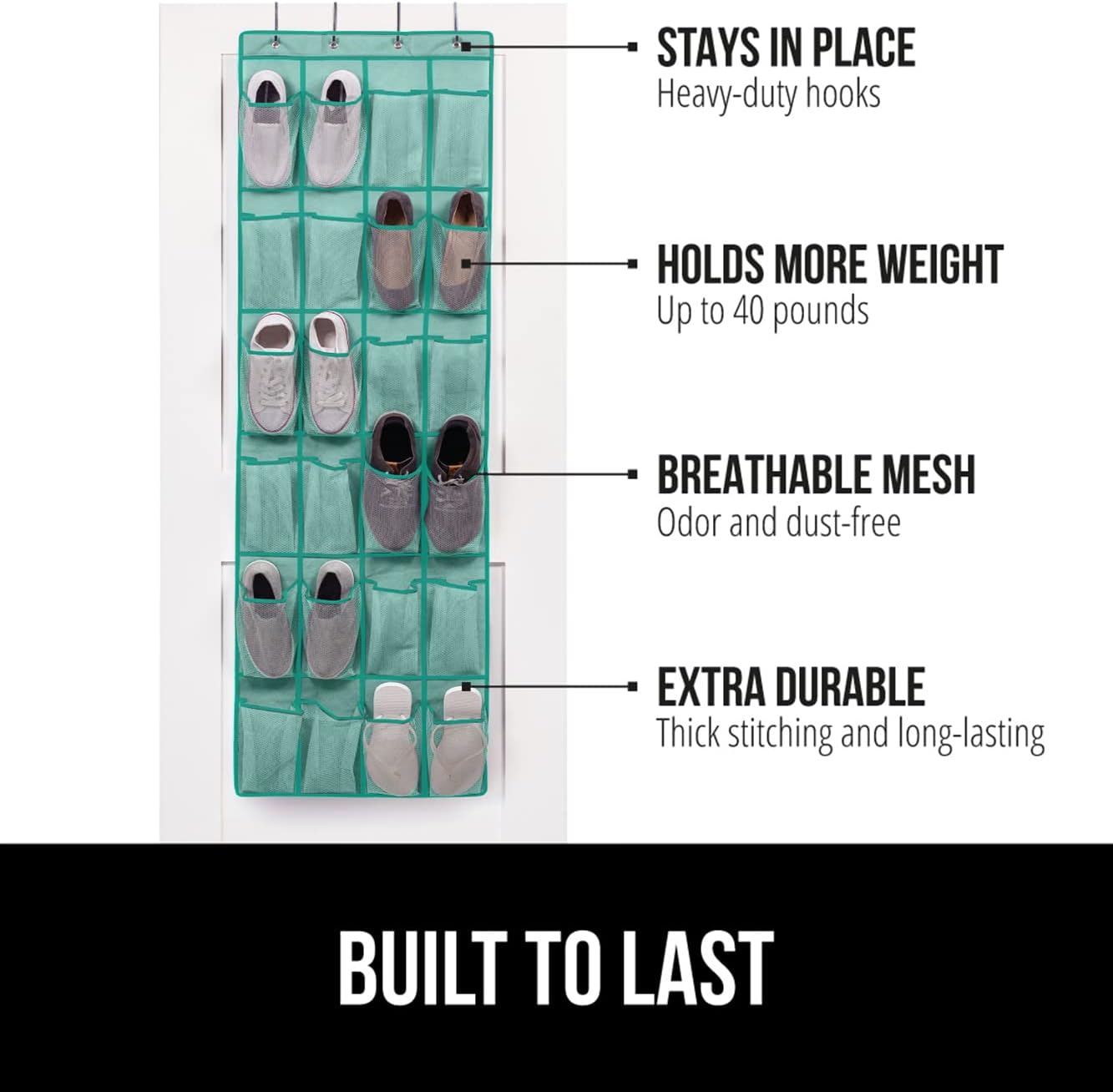 Gorilla Grip Silicone Under Sink Mat with Raised Lip and Over The Door Shoe Organizer, Mat Size 34x22 Mint, Waterproof, Organizer Size 24 Pockets Turquoise, Space Saving, 2 Item Bundle