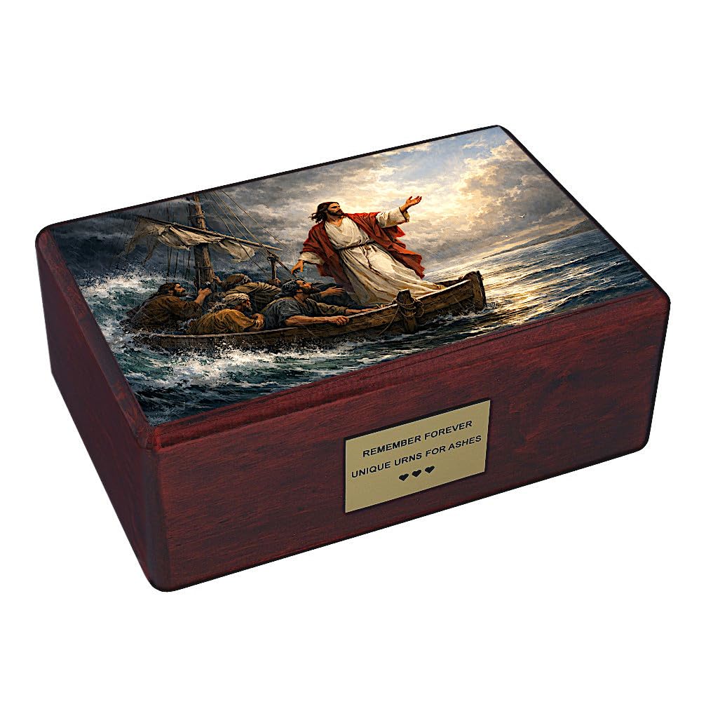 Religious Wooden Urn for Adult Ashes – Catholic Cremation Urn Featuring Jesus Calming the Storm