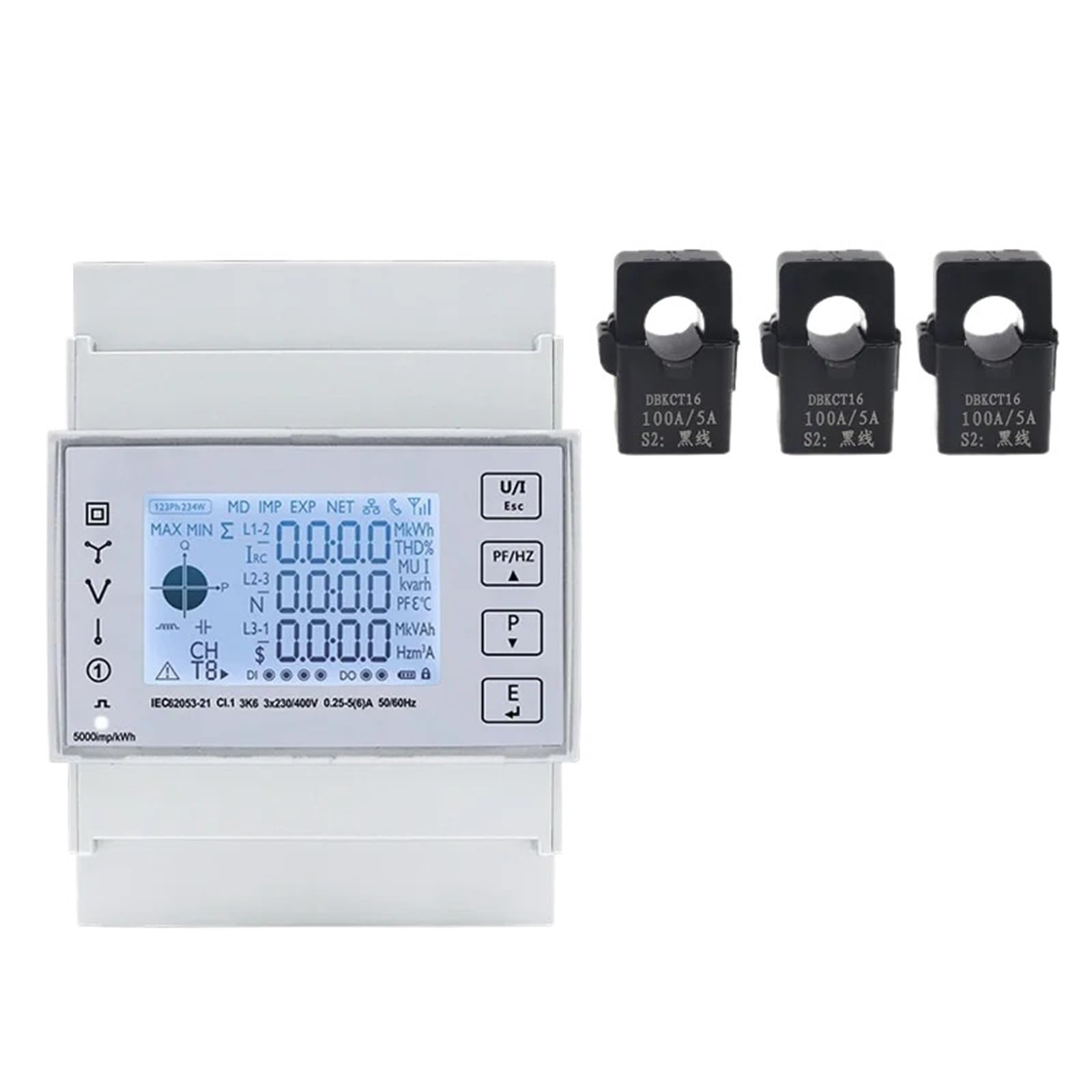 Front display of TAC4371CT Energy Meter showing various readings and buttons