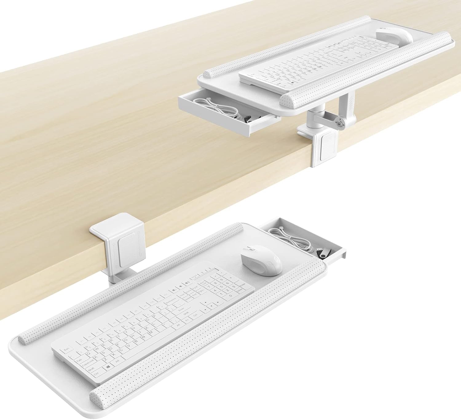 Tilt&Height Adjustable Keyboard Tray Under Desk&Above Desk - Klearlook 2 in 1 PU Leather Sit Stand Keyboard Riser w/360° Rotation, 25x11"Clamp-on Keyboard Stand Desk Extender w/Wrist Rest&Drawer-White