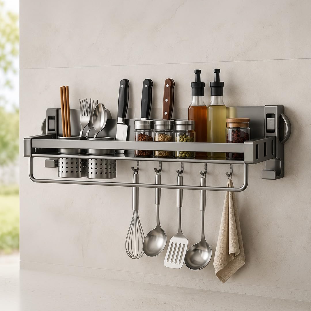 HomeEssentials Aluminum Alloy Suction Cup Double Rack with Knife Holder | No-Drill Wall Mounted Kitchen Organizer | Heavy-Duty Vacuum Suction Storage Shelf | Rust-Resistant Spice & Utensil Rack-image-18