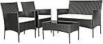 HAPPYGRILL 4PCS Patio Furniture Set Rattan Wicker Conversation Set Outdoor Patio Table Chair Set Wicker Sofas and Coffee Table Set for Garden Lawn Poolside