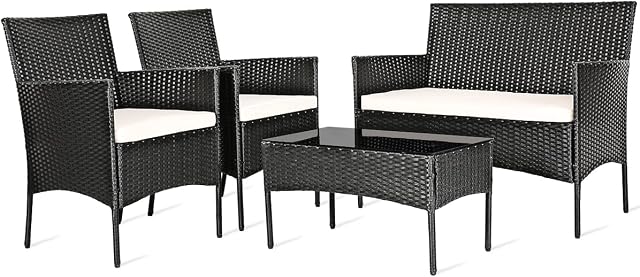 HAPPYGRILL 4PCS Patio Furniture Set Rattan Wicker Conversation Set Outdoor Patio Table Chair Set Wicker Sofas and Coffee Table Set for Garden Lawn Poolside