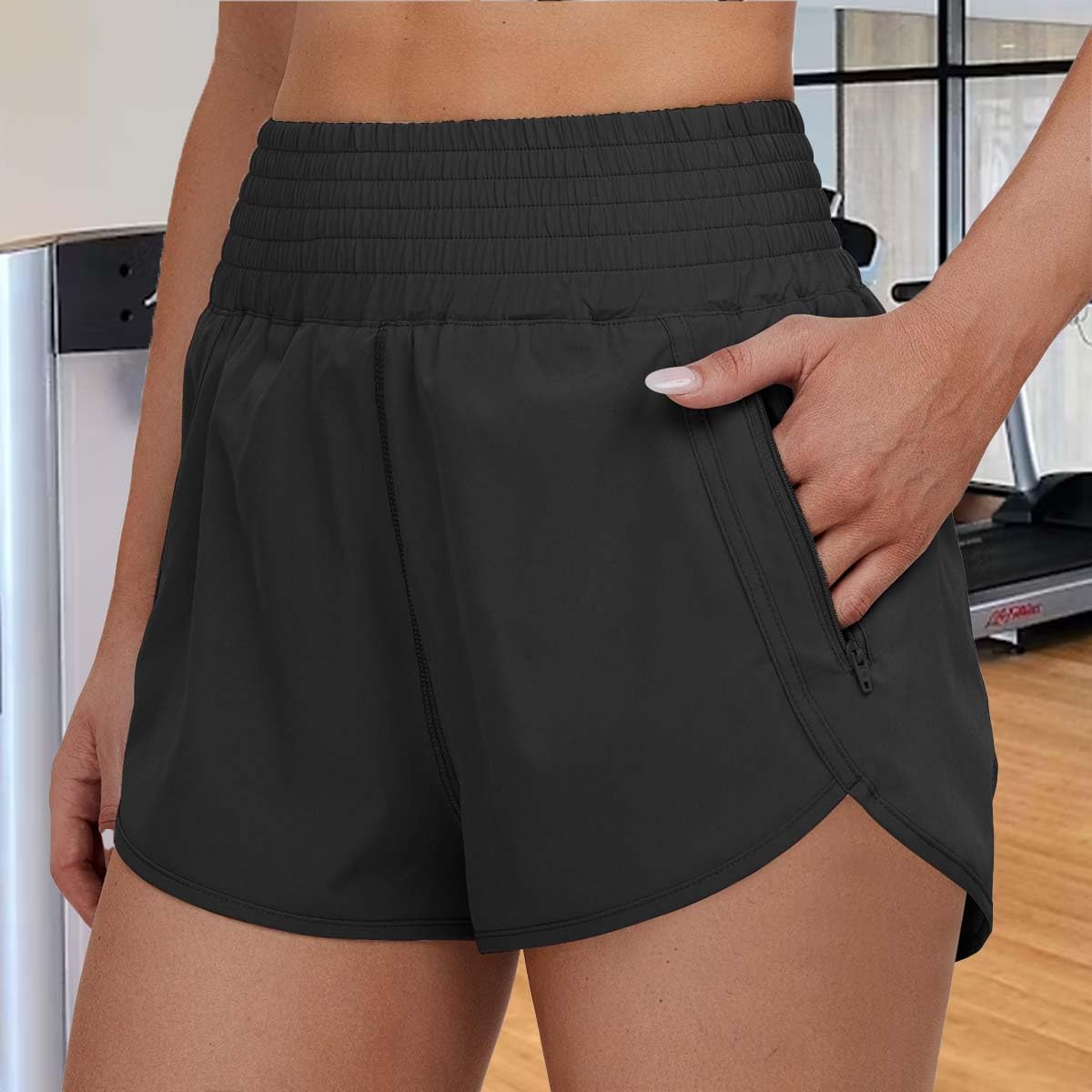 Pantalones cortos deportivos para mujer, de cintura alta, para correr, con bolsillo, elásticos, para gimnasio — view 9