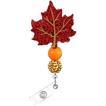 Maple Leaf Fall Badge Reel Cute ID Badge Holder Thanksgiving Decorative Badge Reels Glitter Design Retractable Acrylic Badge Clip Fall Leaves Badge Holders for Nurse Doctor Student Teacher Gifts