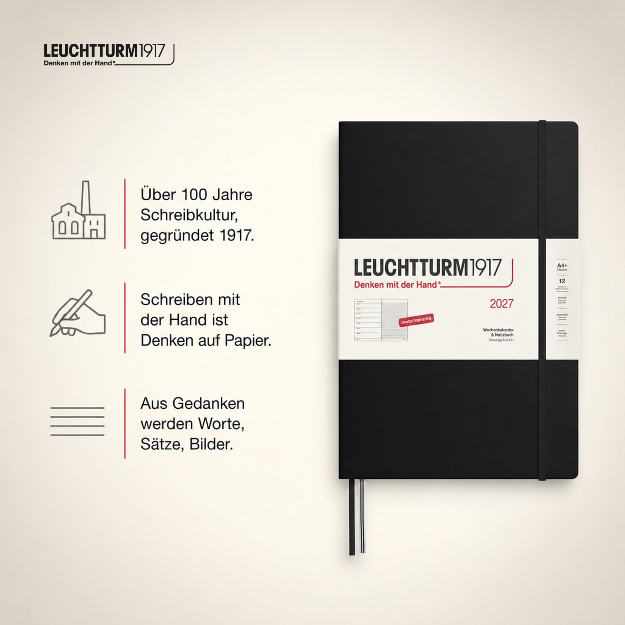 LEUCHTTURM1917 Agenda 2027 A4+ (Master) con cuaderno - Planificador alemán, negro, enero-diciembre 2027, vista semanal a la izquierda + página de notas a la derecha