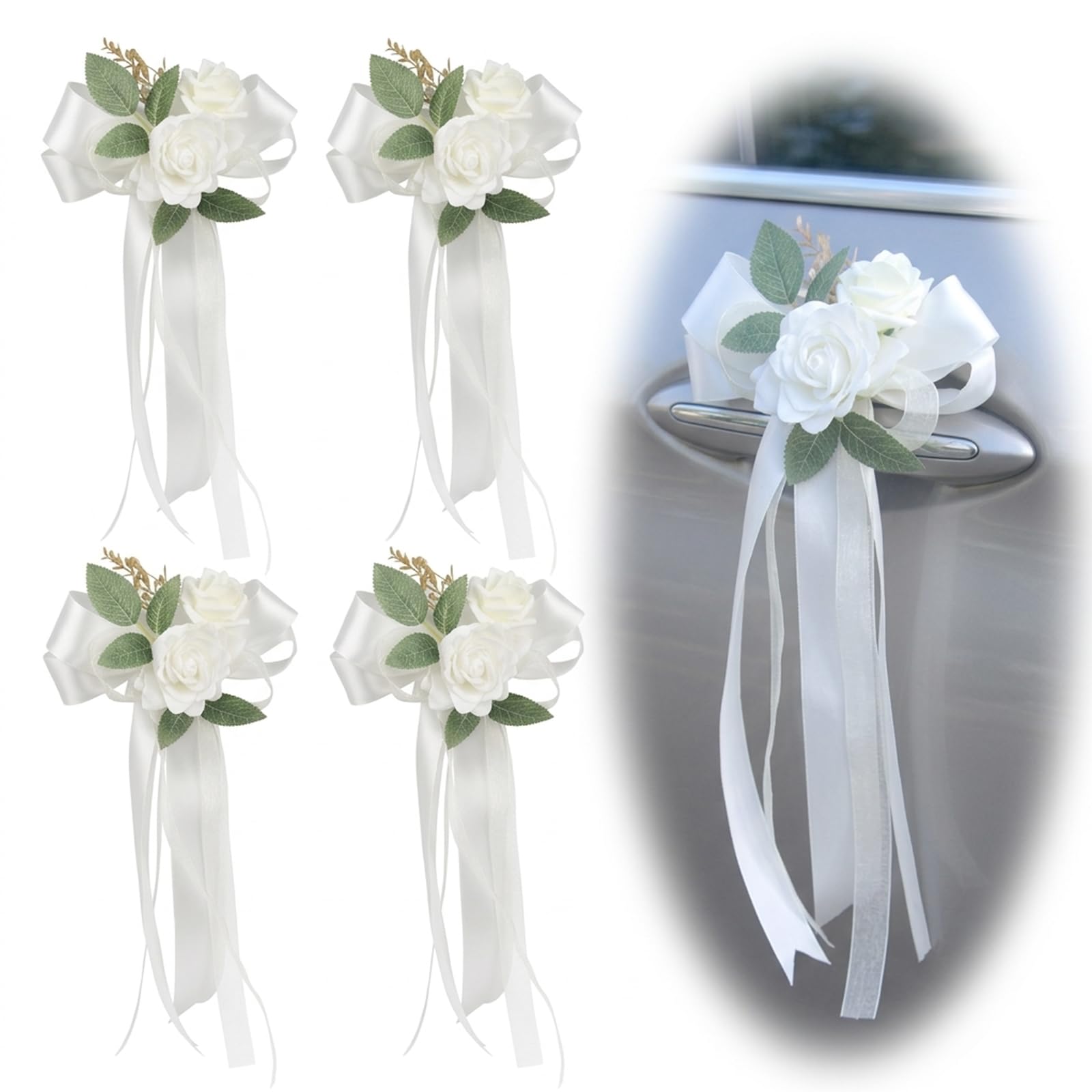 4Pcs Wedding Car Ribbon, Car Ribbon for Wedding, Wedding Ribbon for Car, Elegant Rearview Mirror Decorations with Floral Accents