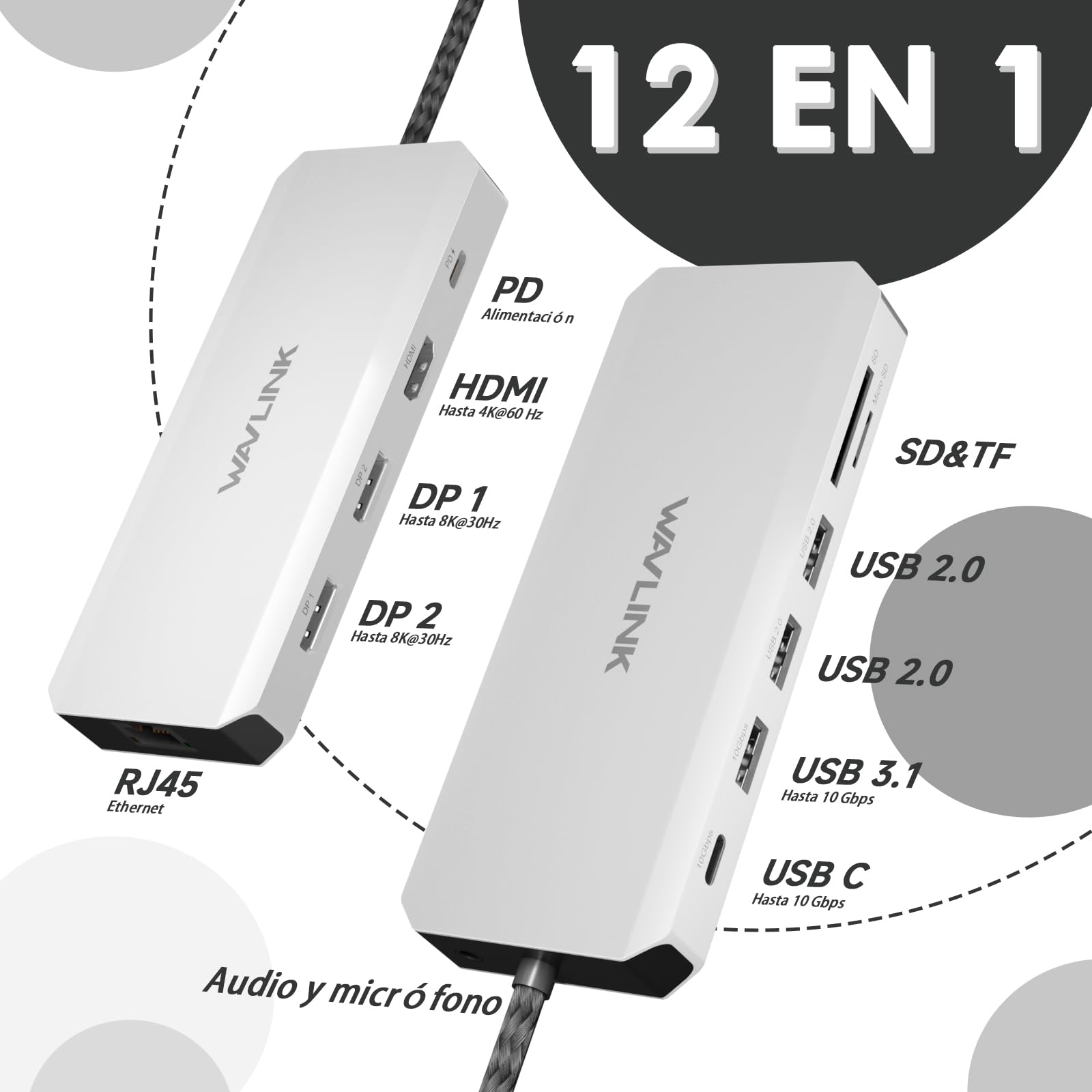 WAVLINK Estación de Acoplamiento para portátil, Displayport Docking Station con Dual DP, HDMI, 100W PD IN, 10Gbps USB A/C, Puerto 2.5G Ethernet para DELL/HP/Lenovo etc.