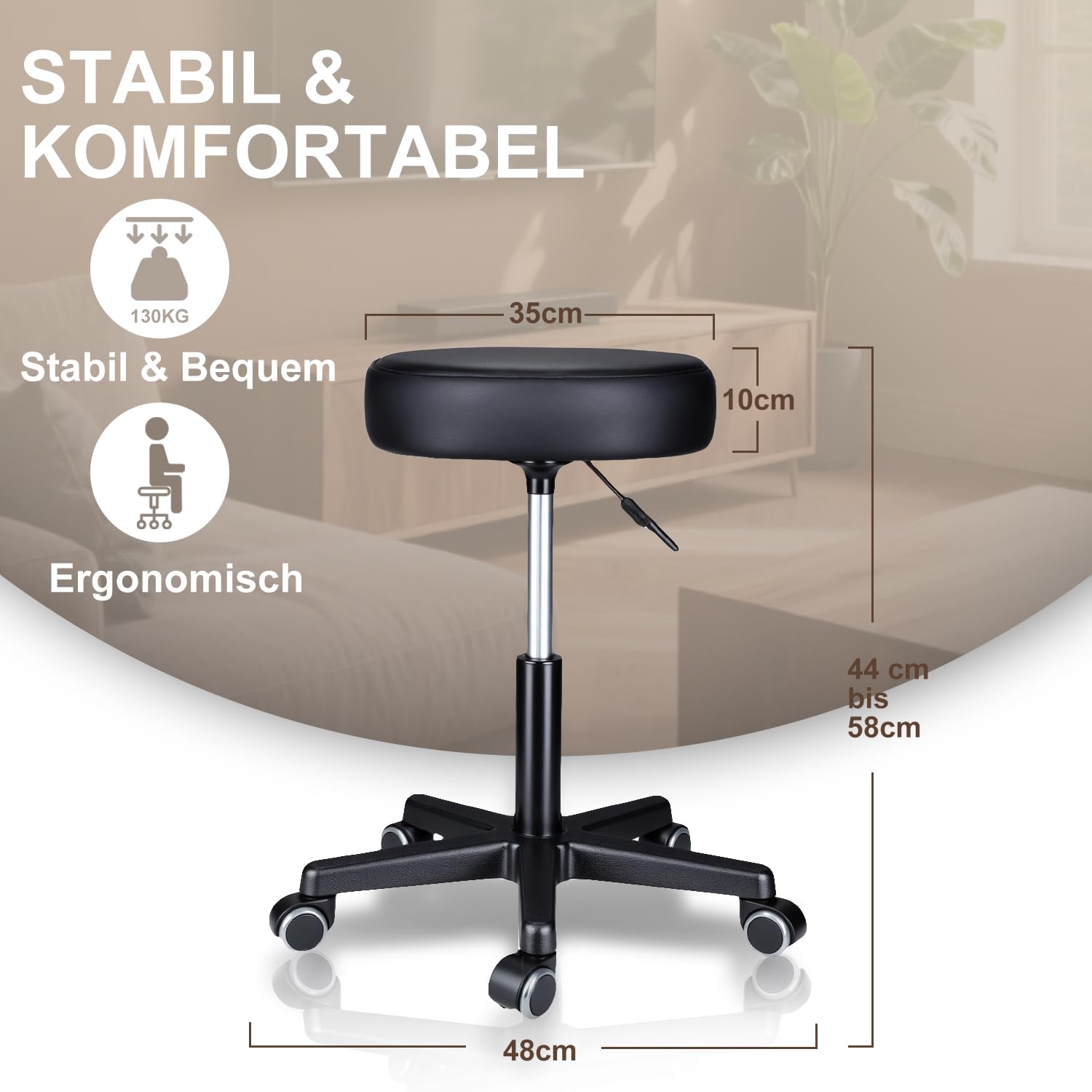 Zedelmaier Rollhocker höhenverstellbar, Bürohocker mit Gummirollen, 360° drehbar Hocker mit Rollen & 10 cm Polsterung, Sitzhocker Werkstatt, Drehhocker ergonomisch, Sitzhöhe 44–58 cm, Schwarz