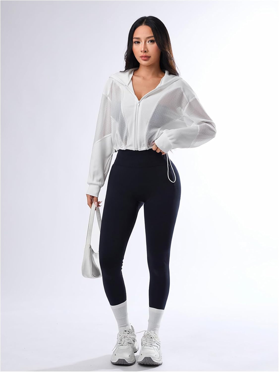 SweatyRocks Women's Zip Up Drawstring Hem Cropped Hoodie Mesh Workout Sports Track Lightweight Jacket - Image 3