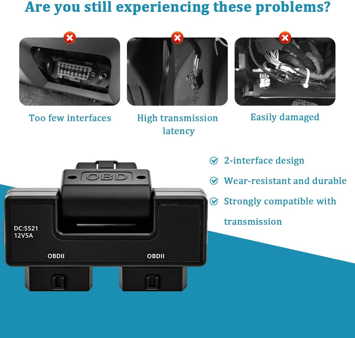 Car OBDII Splitter with Rotatable Male Port, 16 Pin Male Splitter to 2 Female Vehicle Extension Adapter, OBD2 Auto Diagnostic Port Extender Converter, Universal for SUV RV Truck