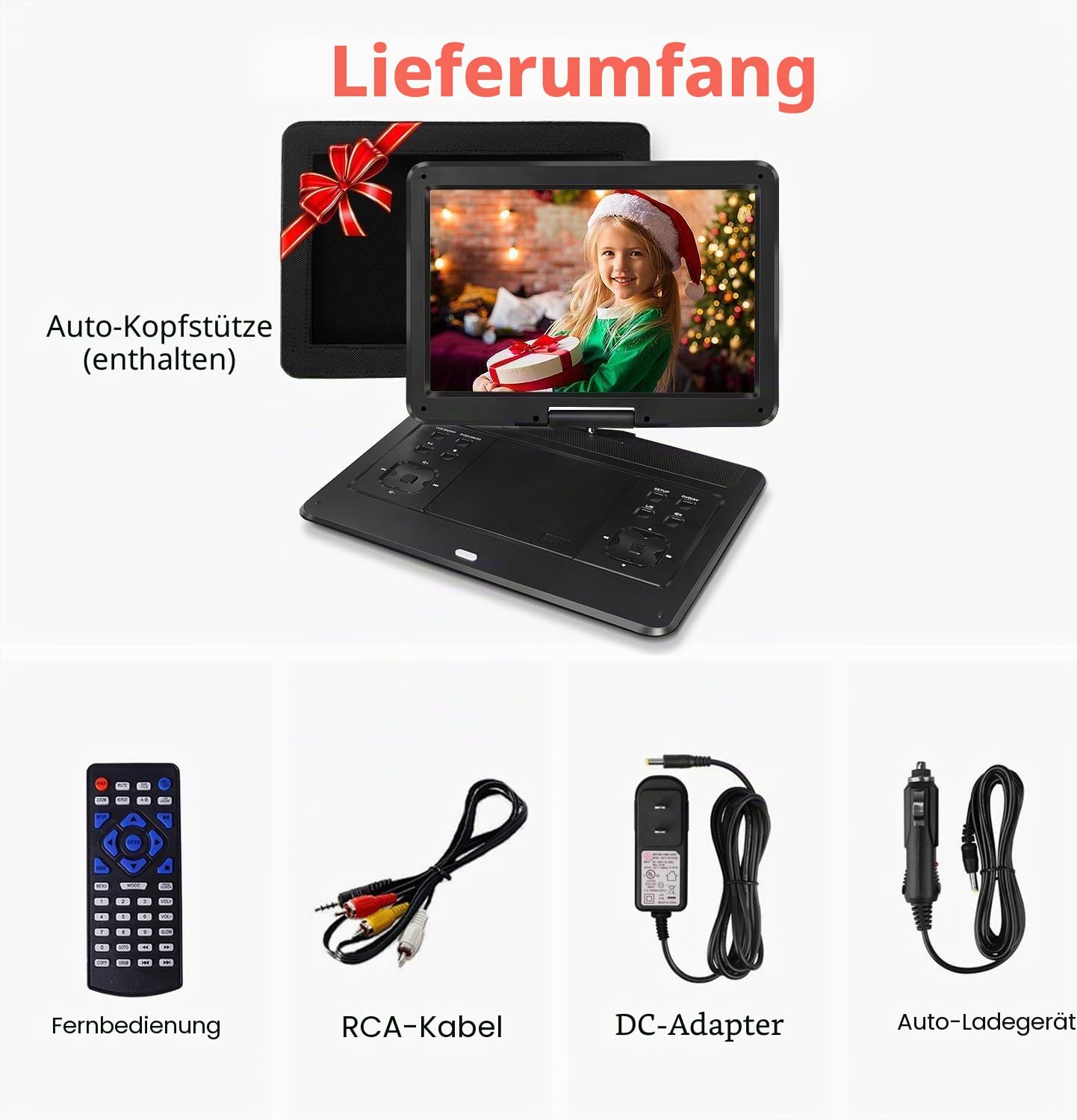 Tragbarer DVD-Player mit 16,1 Zoll (42,9 cm) (14,1 Zoll) drehbarem Bildschirm, 6 Stunden Akku, Auto-Kopfstützenhalterung, tragbare DVD unterstützt alle Regionen-Discs/SD-Karte/USB/Sync-TV, Schwarz