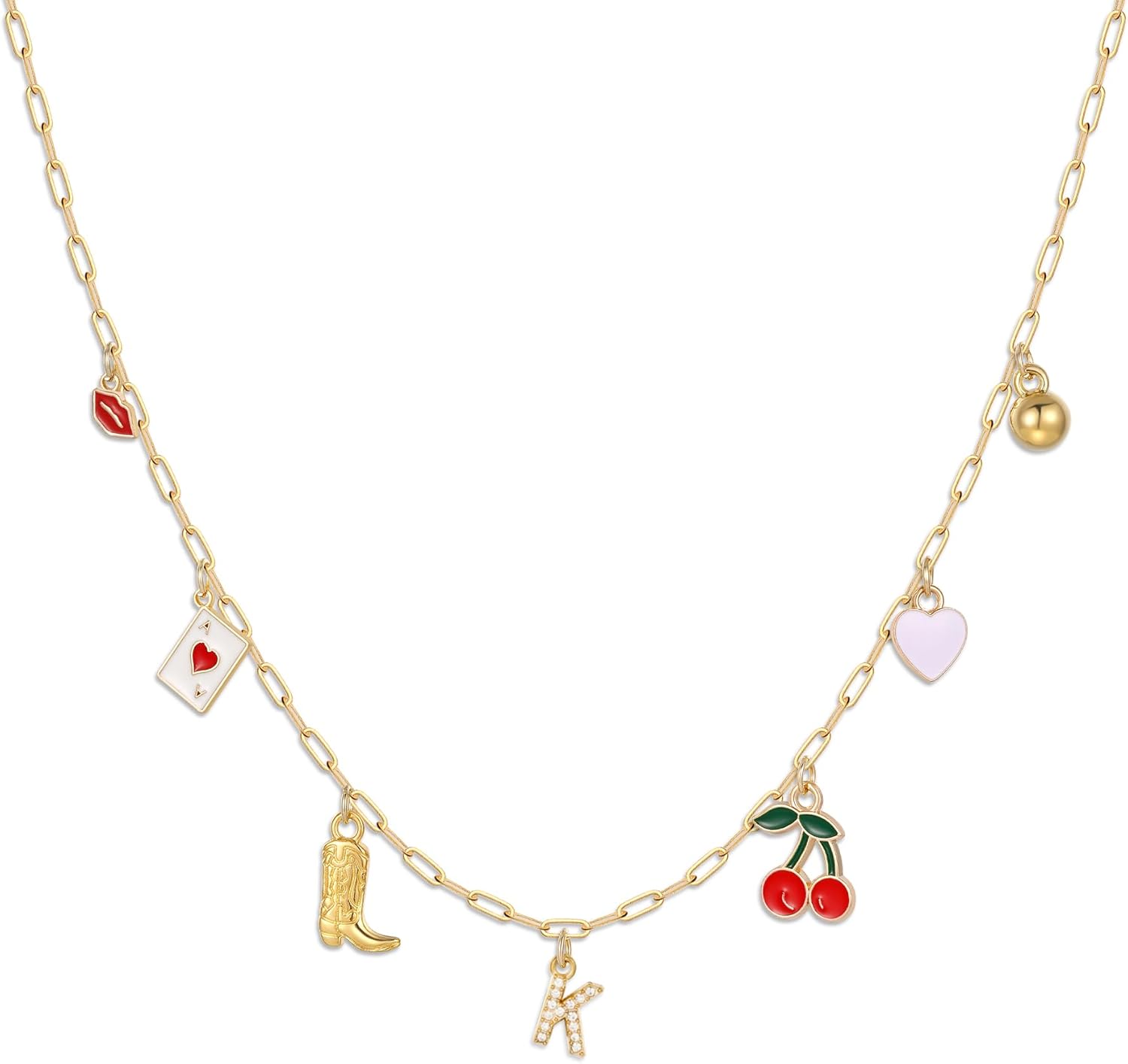 Korotho Initial Cowgirl Charm Necklaces for Women, 14K Gold Plated Dainty Western Cowgirl Cherry Heart Necklace Summer Beach Letter A-Z Choker Necklace Personalized Monogram Name Necklace for Her