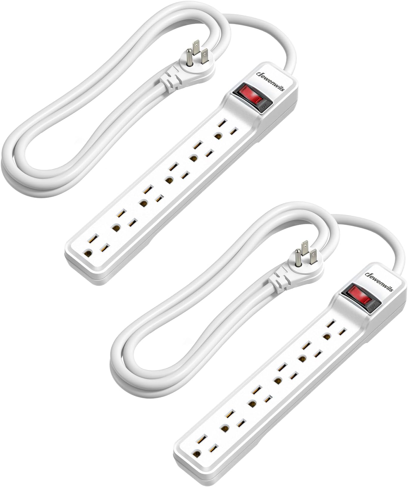 DEWENWILS 2-Pack 6-Outlet Power Strip Surge Protector with 6Ft Long Extension Cord, Low Profile Flat Plug, 15 Amp Circuit Breaker, 500 Joules, Wall Mount, White