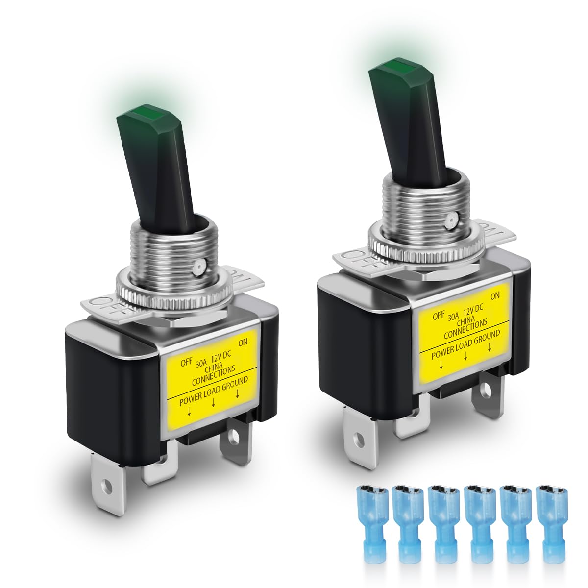 2pcs Illuminated Rocker Switch, 12V 30A SPST 3 Terminals 2 Position ON/OFF Rocker Switch Light Green