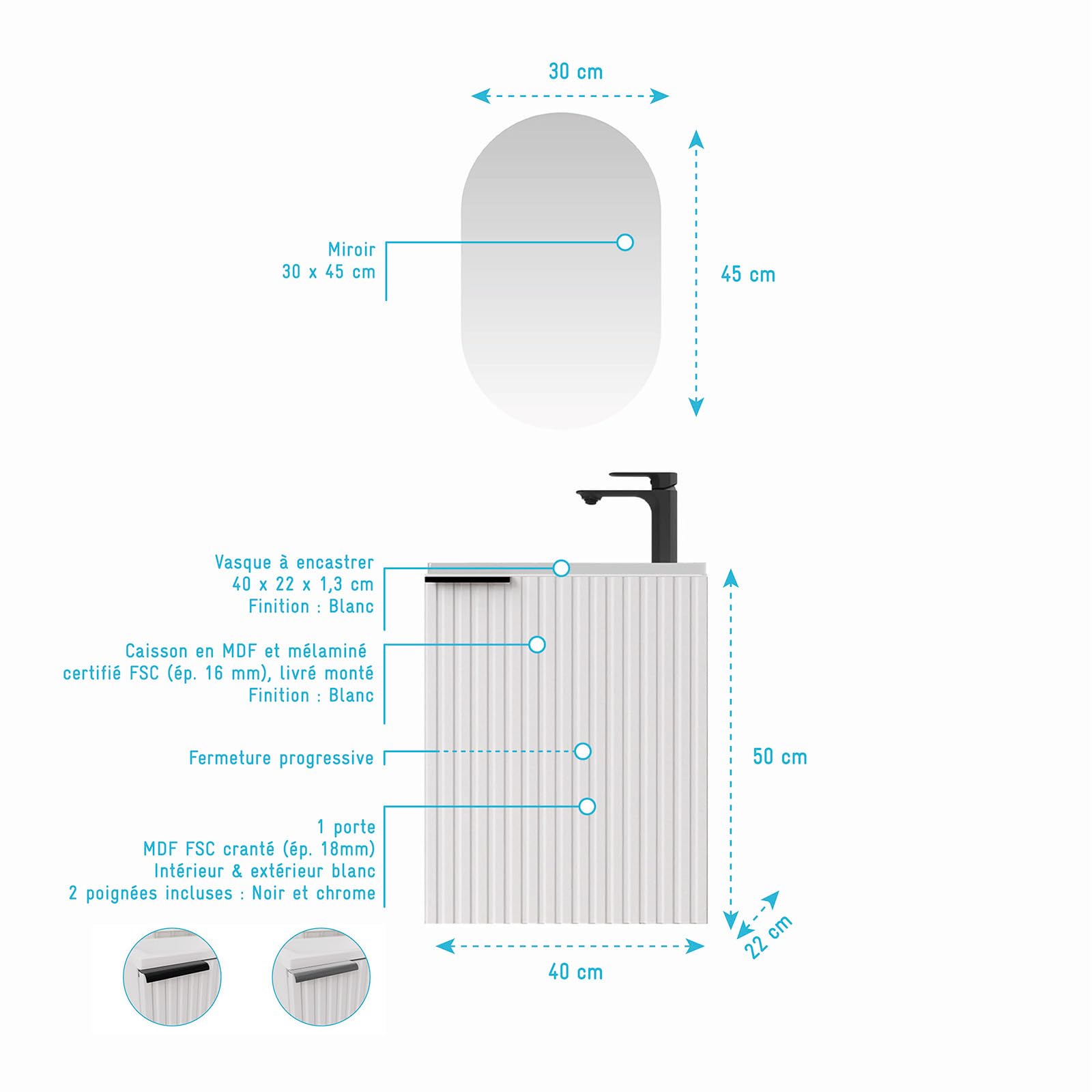 AURLANE Ensemble Meuble Lave Mains MDF ondulé Blanc 40x50x22cm et Miroir Ovale - Milo
