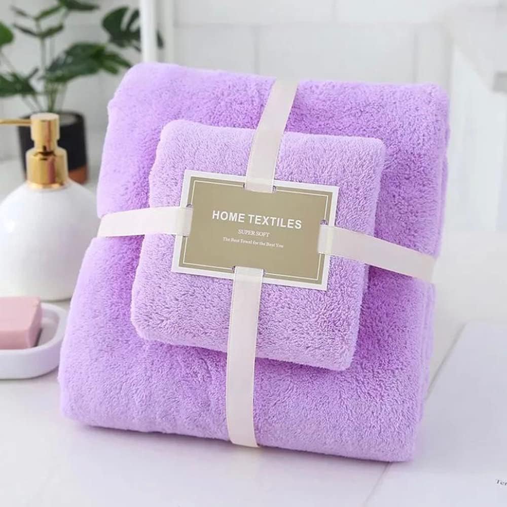 Home & Cloud Ultra Soft Cotton+Velvet Bath Towel Set, which Includes Bath Towel with Hand/Face Towel for Women & Children 300 GSM Set of 2 (140 * 70cm+75 * 35cm) (Towel_Purple)