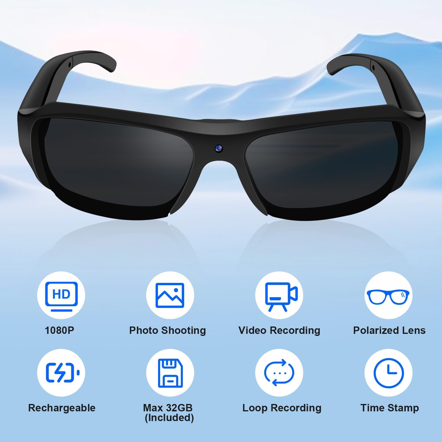 TANGMI Camera Sunglasses Smart Action Glasses 1080P Video Camera Glasses UV Protection Polarized Lens Support Photos/Videos Recording with 32GB Micro SD Card and Card Reader for Outdoor Activities