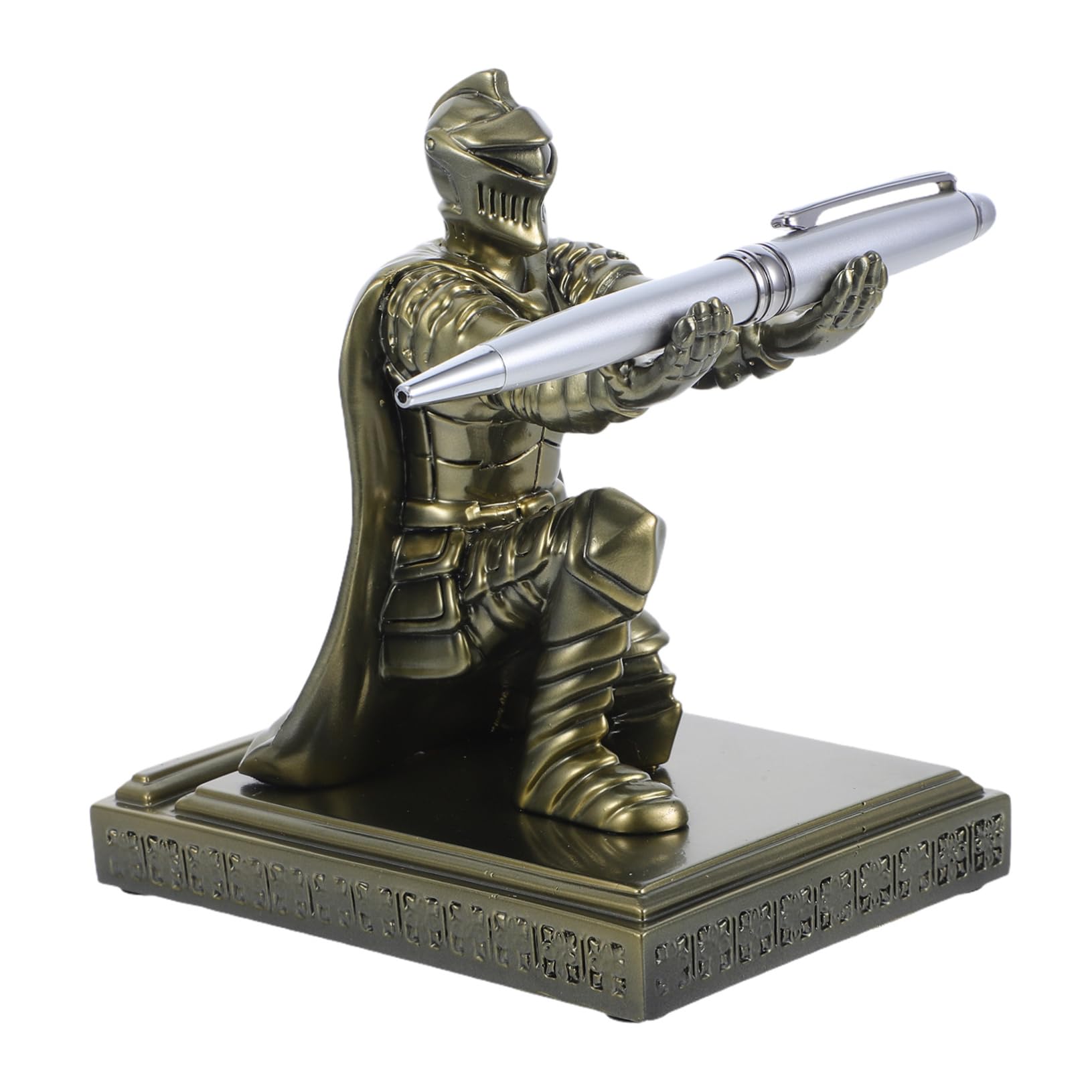 Porte-stylo chevalier médiéval en résine dorée pour décoration et organisation de bureau