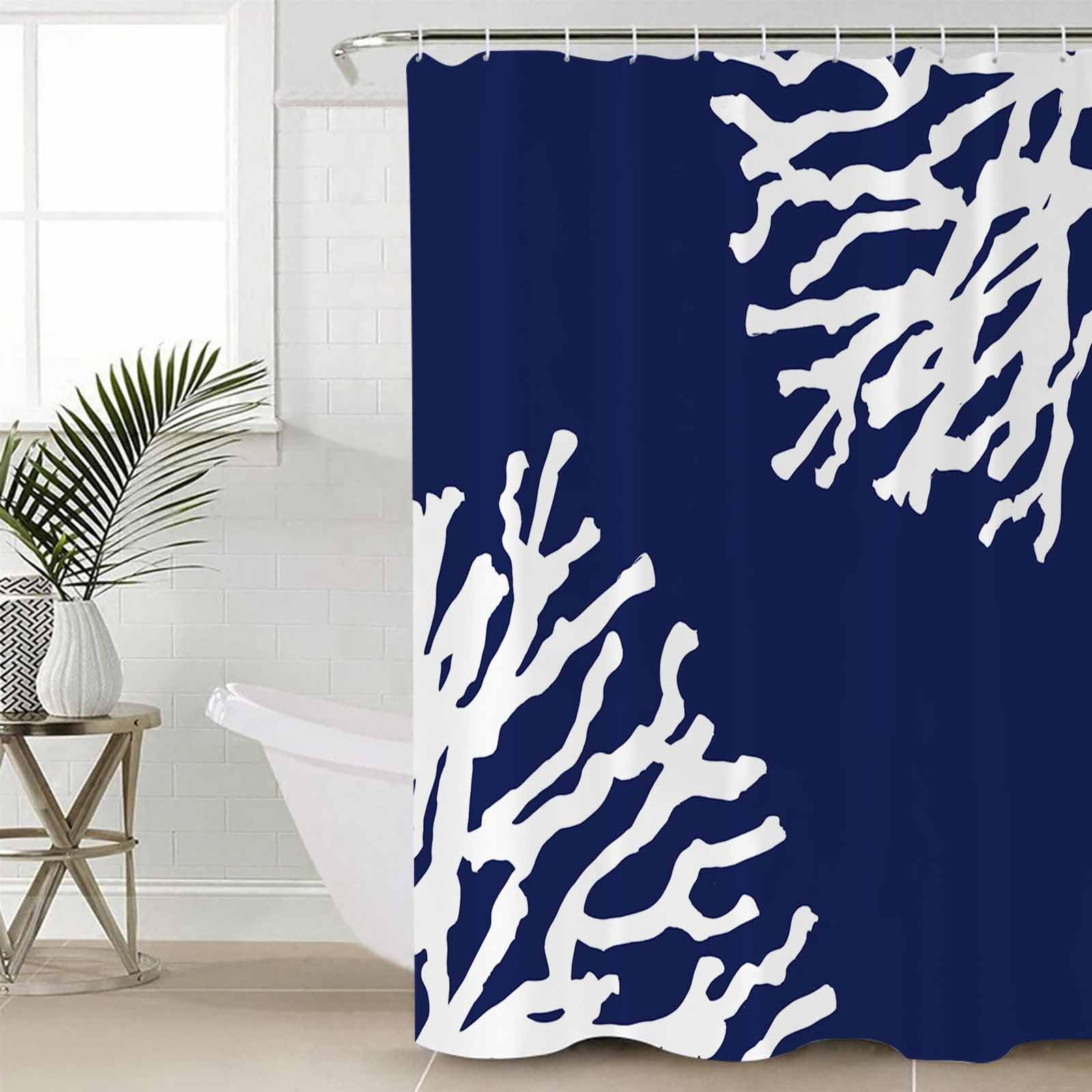 Navy Blue Coral Shower Curtain Set - 66" x 72" Washable Bathtub Curtain with 12 Hooks, Coastal Summer Beach Nautical Seaside Waterproof Fabric Stall