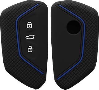 kwmobile Car Key Cover Compatible with VW Golf 8 3 Button Car Key Key Cover - Silicone Protective Car Key Fob Case - Black Matte/Blue