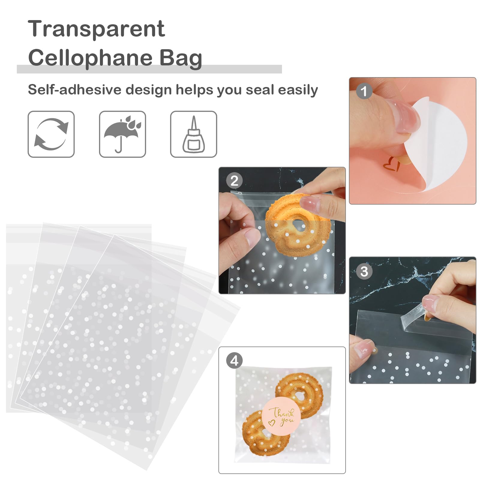 Mbsomnus 300 Sacchetti Cellophane Trasparenti 10x10 Cm Con Chiusura Autoadesiva - Per Biscotti, Caramelle, Gioielli, Regali Di Natale - 5