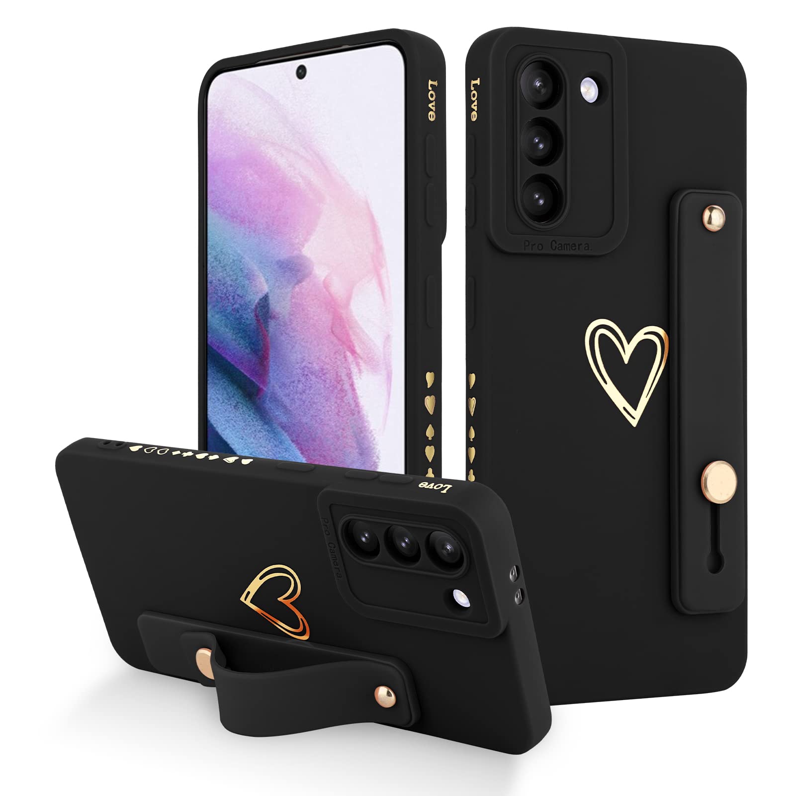 Fiyart Galaxy S21 5G 6.2" Case - Cute Love Hearts, Slim Protective Cover with Stand & Wrist Strap, Black