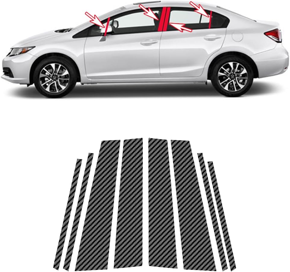 8pcs Carbon Fiber Pattern Car Window Center Pillar Stickers for Honda Civic(2012-2015) Window Moldings Trim Protect The Center Pillar Car Tuning Accessories