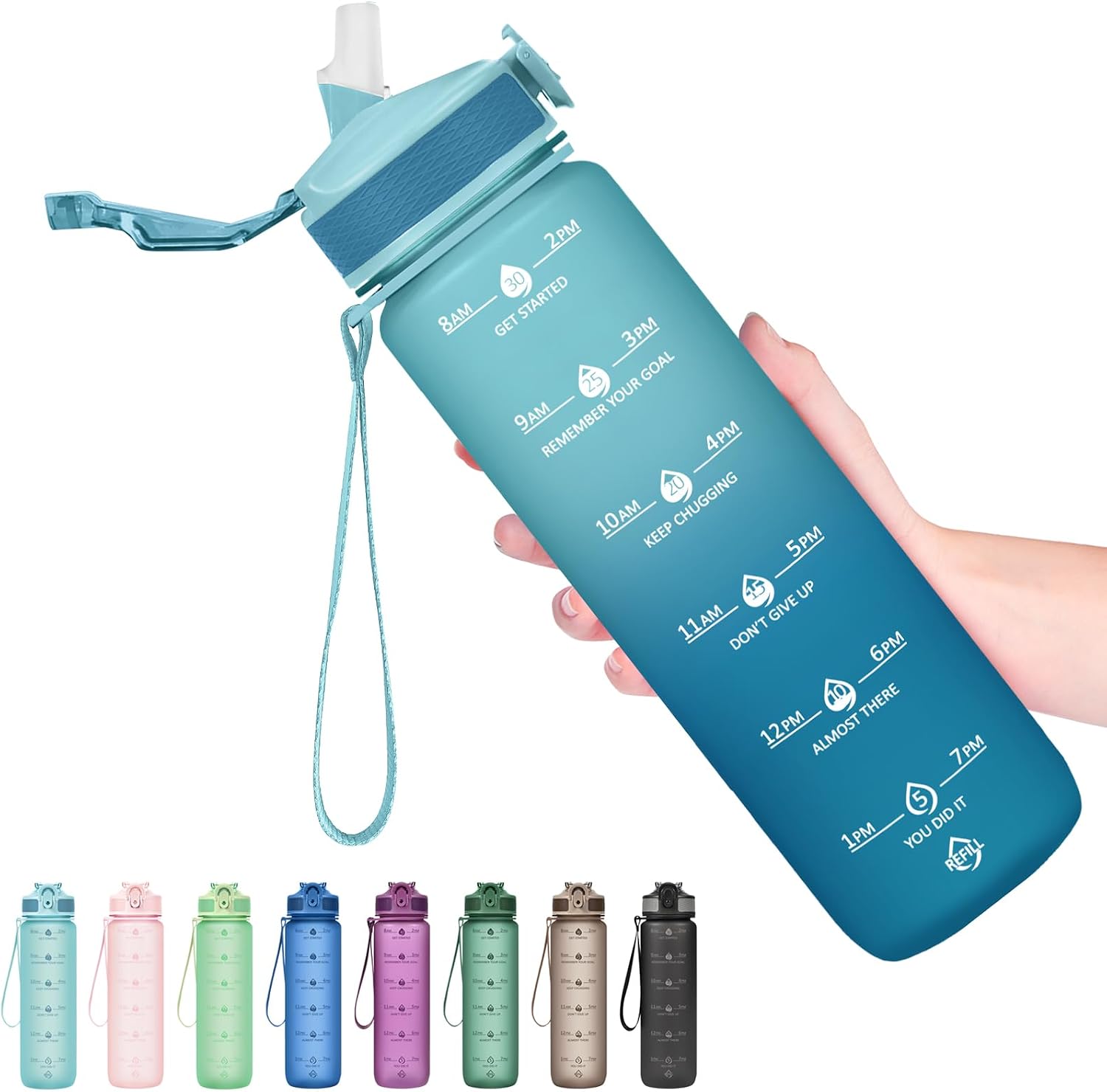 Hyeta Plastic Water Bottle With Straw & Time Marker, 32oz Leakproof Jug